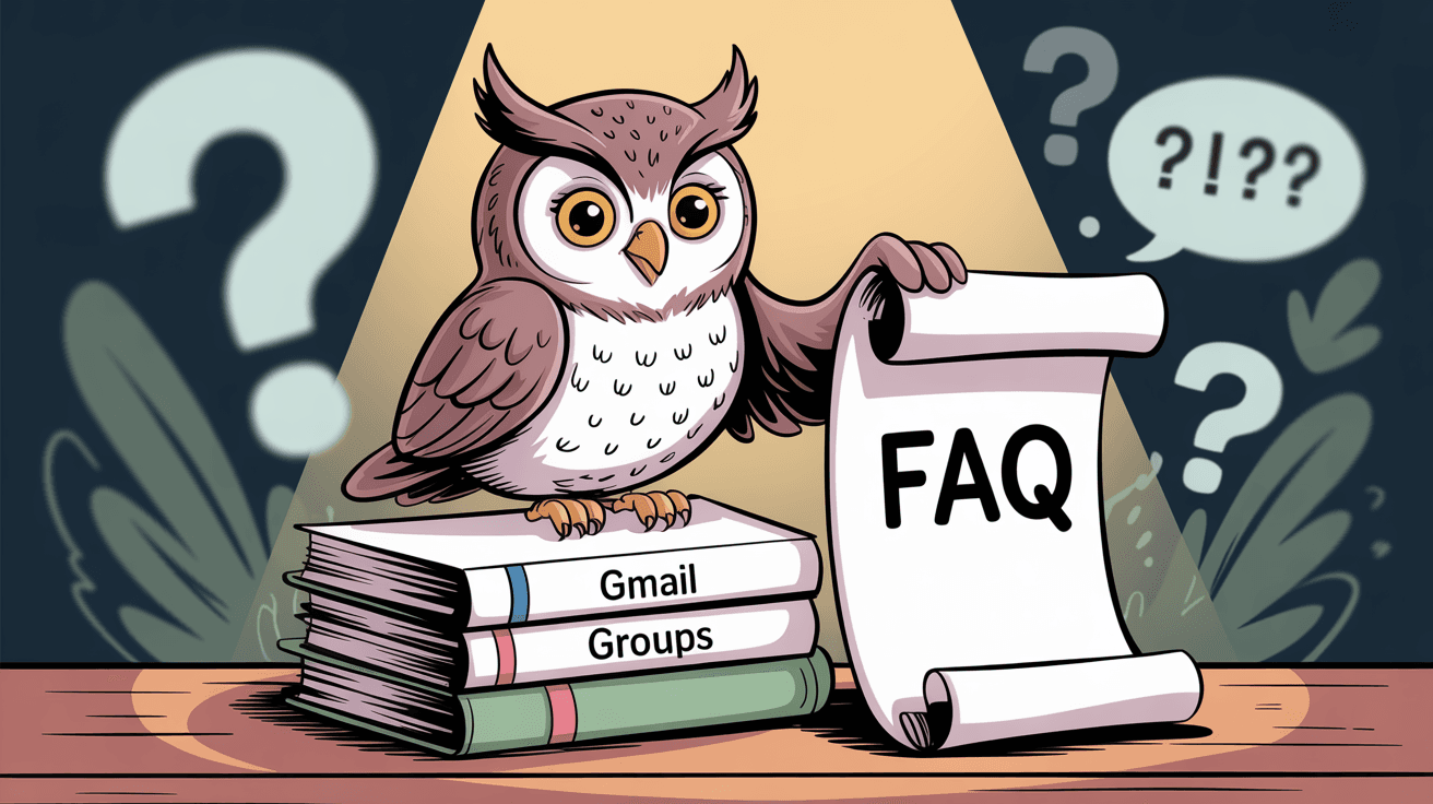 Illustration of FAQ help resources showing Gmail Groups questions and answers